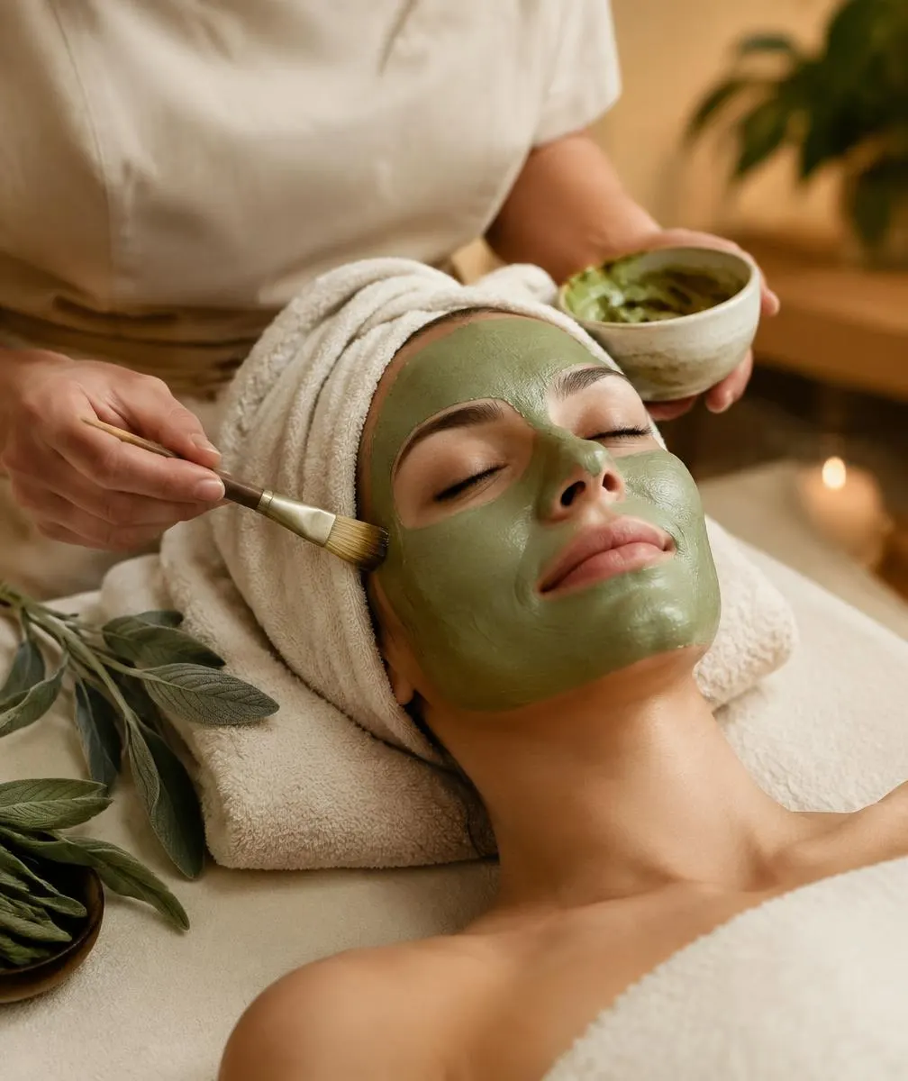 Esteticista aplicando una mascarilla facial de arcilla verde con pincel