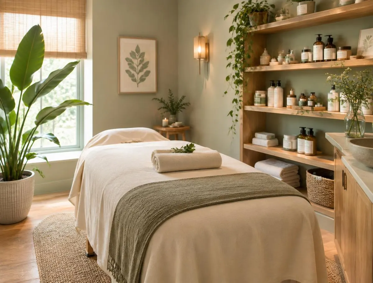 Cabina de tratamiento luminosa con camilla, plantas y cosmética natural
